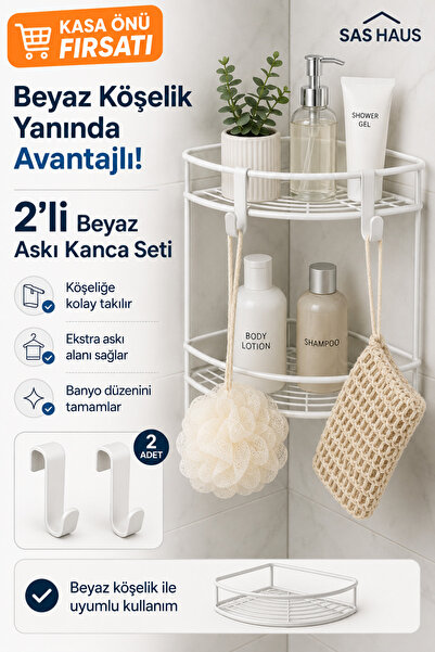 Sas Haus 2’li Beyaz Askı Kanca Seti – Banyo & Mutfak Rafları İçin Plastik Ask...