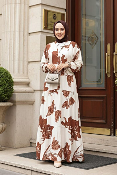 N.S NEVA STYLE Patterned Tan Hijab Dress 24062Tb