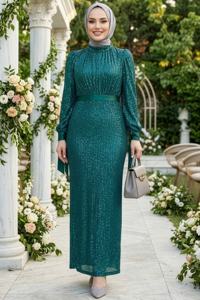 Neva Style Sequined Emerald Green Hijab Evening Dress 4667Zy