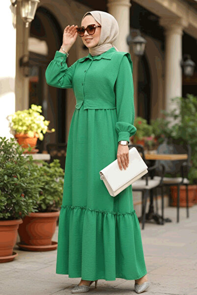 Neva Style Detaylı Yeşil Tesettür Elbise 30023Y