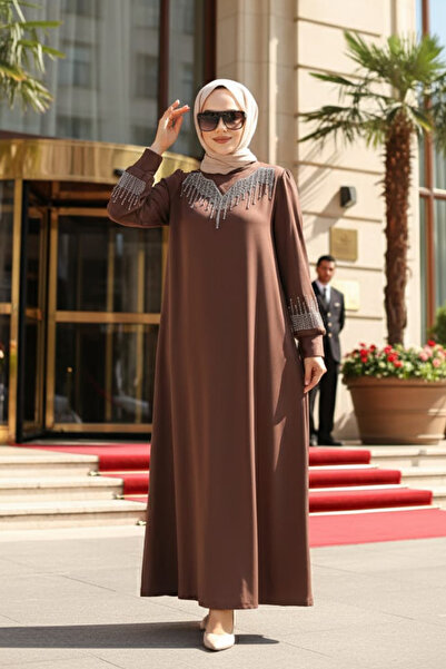 Neva Style Bead Embroidered Brown Hijab Dress 23815Kh