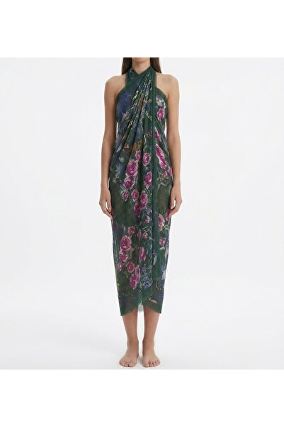 nazipek Green Color Floral Pattern Pareo High Quality 130 cm Khaki
