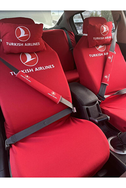 TKY Turkish Airlines Baskılı Oto Servis Kılıfı, Kemer Pedi, Yastık Takımı Thy Kırmızı