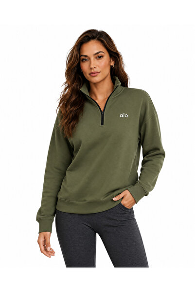 HepsitrentStore Khaki Color Half Zipper Collar Sweatshirt