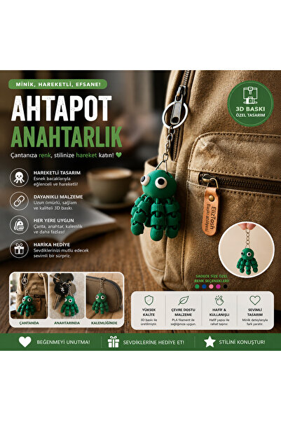 3D Ahtapot Anahtarlık Hareketli Fidget Sevimli Çanta Süsü Oyuncak Yeşil