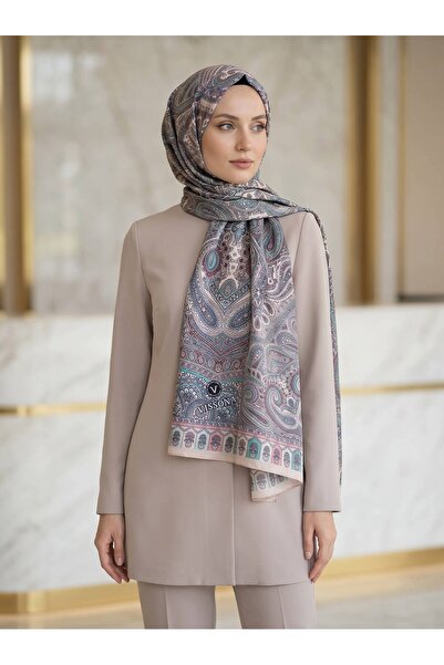Vissona %100 Saf İpek Şal İnce Saten Vual Dokuma Etro Desenli Pudra Renkli 90...
