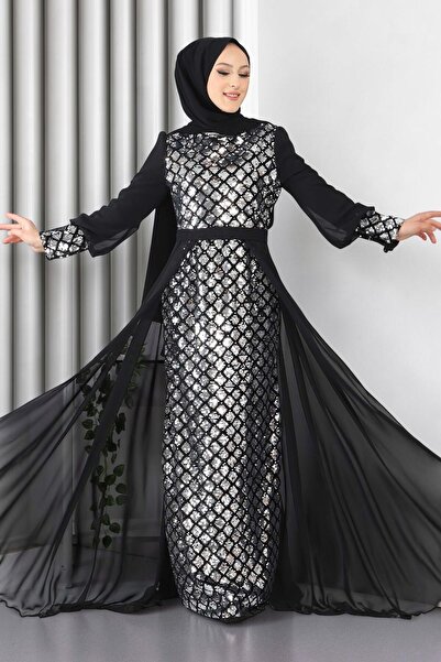 Missvalle Sequined Chiffon Evening Dress Silver 9819