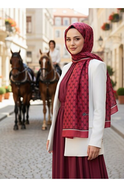 Vissona %100 Saf İpek Şal İnce Saten Vual Dokuma Minik Motif Desenli Bordo Re...