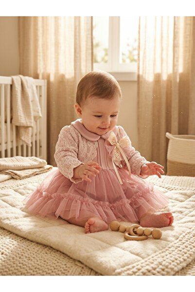 INFANT Rochie Gardenia cu dantelă și tul roz pentru bebeluși