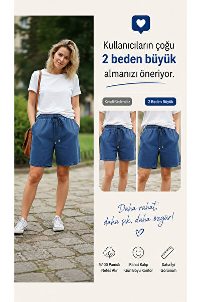 STYLENEST Kadın Koyu Mavi Kot Şort – Beli Lastikli Bağcıklı Rahat Kalıp Günlü...