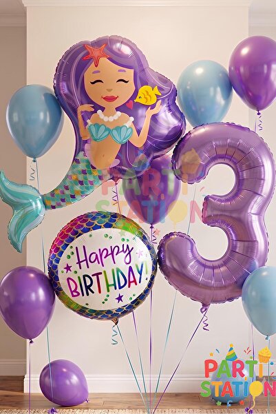 Parti Station Mermaid Deniz Kızı 3 Yaş Balon Set Deniz Kızı Konsept Balon ve ...