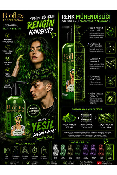 Bioflex Natural Hair Color Geçici-renkli Amonyaksız Yeşil Renkli Saç Boyası 2...