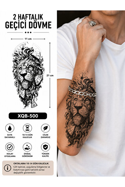 medink tattoo Gerçekci Aslan ve Saat Geçici Dövme Göğüs Sırt Özel Bölge Geçic...