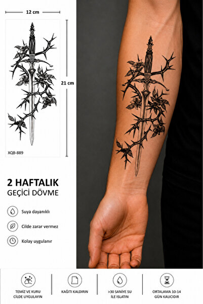 medink tattoo Gerçekçi Kılıç ve Sarmaşık Model Geçici Kol Bacak Geçici Sticke...