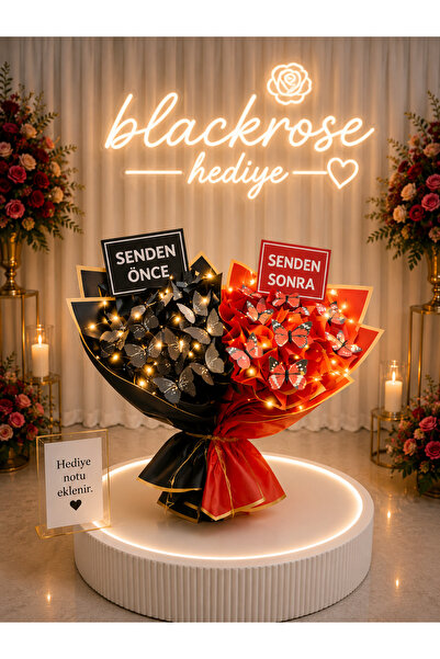 blackrosehediye Uzun Saplı LED Işıklı Siyah ve Kırmızı Kelebek Buketi | Sende...