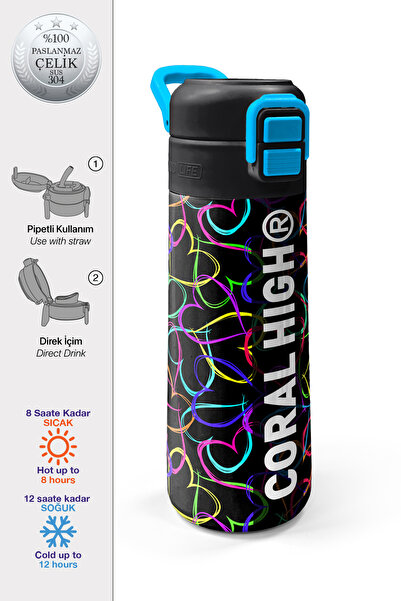 Coral High Kids Çok Renkli Kalp Desenli Pipetli ve Direkt İçim Çelik Termos 5...
