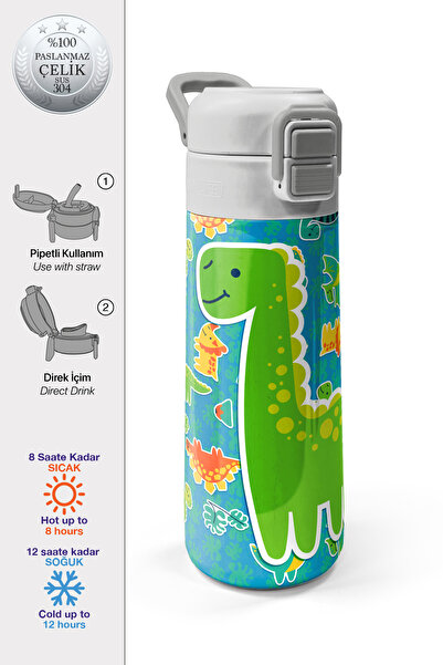 Coral High Kids Mavi Yeşil Dinozor Desenli Pipetli ve Direkt İçim Çelik Termo...