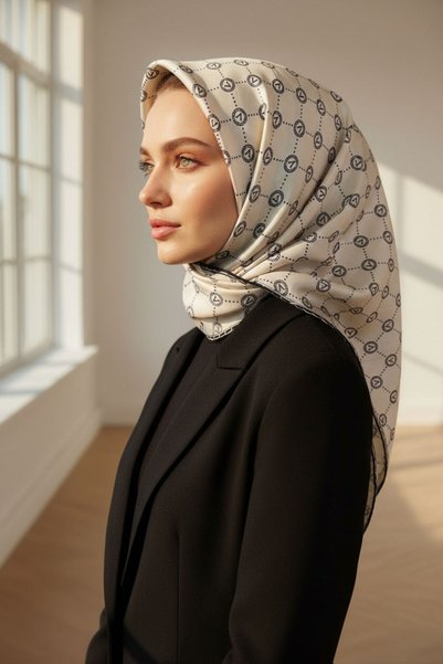 Vissona 100% twill silk monogram patterned cream - black colored 90x90 scarf sewing method: hand stitching