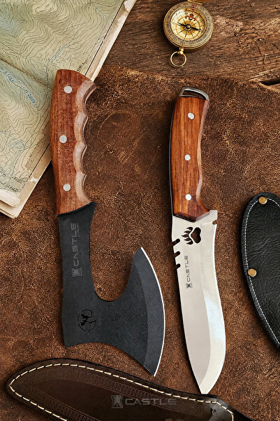LAZBİSA 2 Li Outdoor Balta Bıçak Set Kamp Baltası Şef Bıçağı Budama Baltası L...