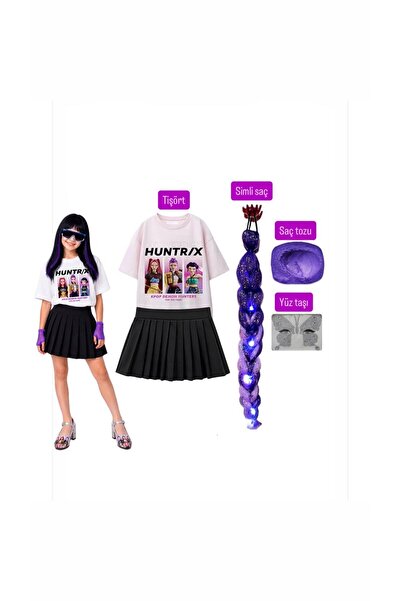 bemora kids kpop rumi huntrix iblis avcıları baskılı tişört + mor balon etek ...
