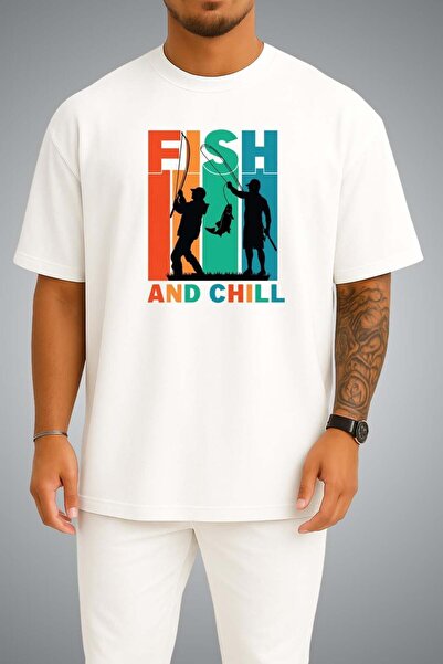 Bahriyeli Collection Oversize Fish and Chill Chest Printed Unisex T-Shirt
