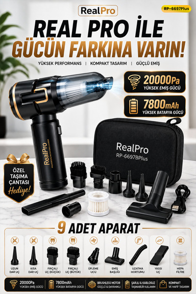 Realpro 20.000PA YENİ NESİL ARAÇ İÇİ SÜPÜRGE RP-6697B PLUS YENİ MODEL EKRANLI