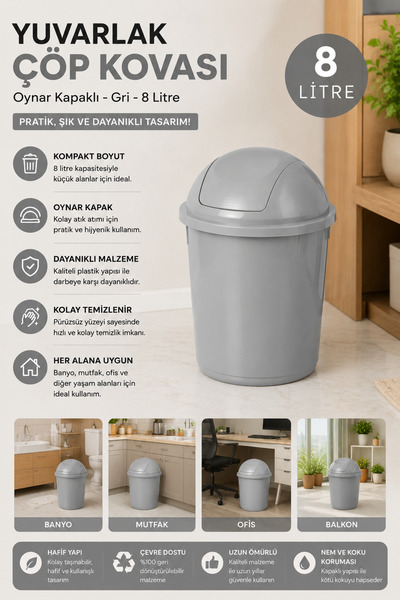 Melkan Home Yuvarlak Çöp Kovası, Oynar Kapaklı Gri Çöp Kovası, Kapaklı Yuvarl...
