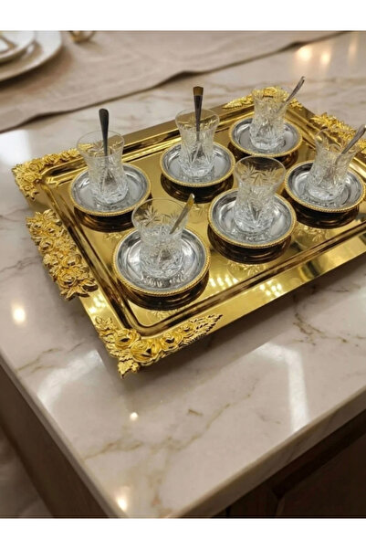 SEVA ÇELİK صينية عرض ذهبية مستطيلة الشكل مزخرفة وذات قاعدة (1 مم) مقاس 33*44 سم