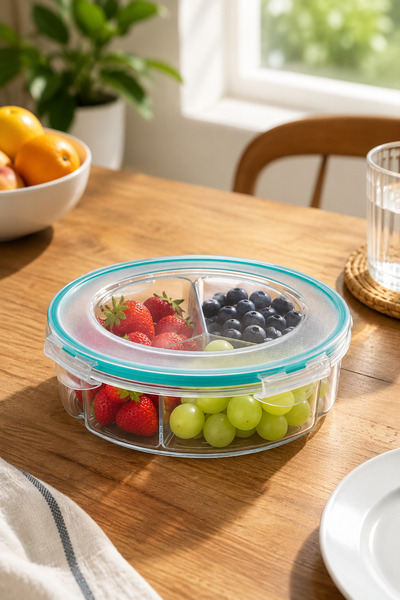Emofom Round 3-Compartment Storage Container 1350 ml Airtight Liquid Leak-Pro...