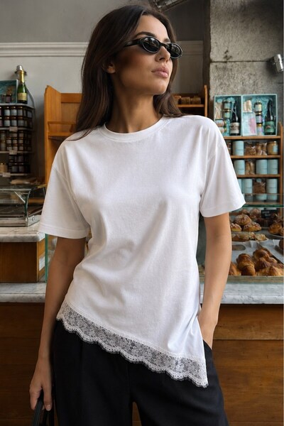 Madmext Ecru Lace Detailed Waist-Fitted Asymmetrical Women's T-Shirt Mg2719