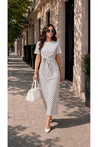 BELISTIL Women's Polka Dot Midi Length Slit Belted Dress Modal Fabric Summer ...