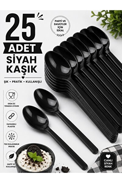 troykar 25 Adet Siyah Renk LÜX SERT PLASTİK Kaşık (18 Cm) Parti Doğum Günü Su...