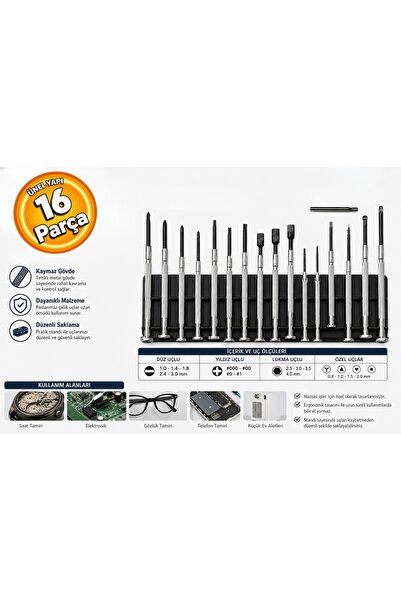 faytek FK-07 Saatçi Tornavida 16 Parça Tork Düz Yıldız Düz Altıgen Lokma Torn...