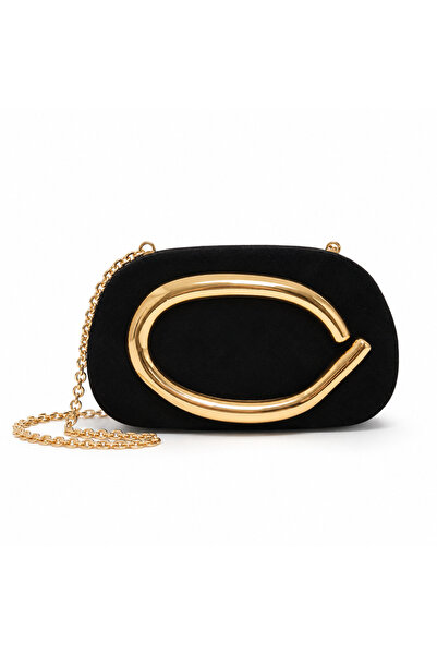Marca Accessories Kadın Siyah Süet Abiye Clutch Çanta – Gold Metal Detaylı Zi...
