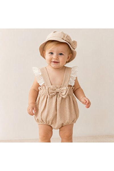 Afrababy KIZ BEBEK YAZLIK ASKILI DANTELLİ ŞAPKALI ROMPER