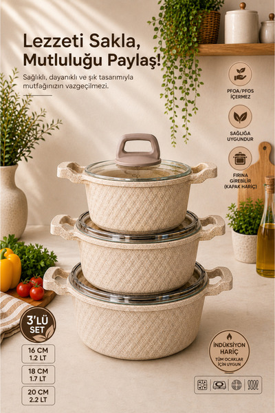 LAVONNI Obsidyen 6 Parça Döküm Granit Tencere Seti Cappucıno | Yapışmaz Çizil...