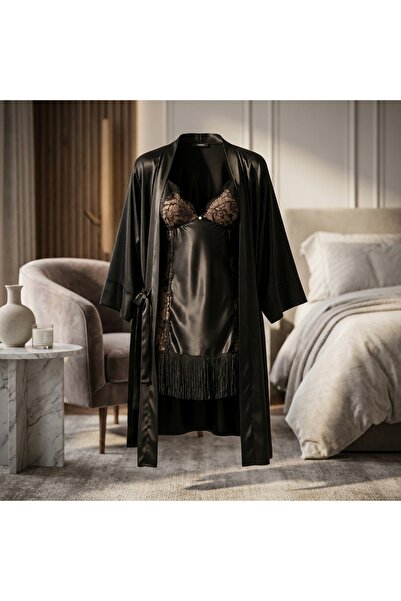 Lady Lingerie Women's Satin Nightgown and Robe Set 2 Piece Sleepwear Black La...
