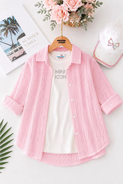Minigimin Cicileri Sparkling Stone Shirt and Crop Girls' Set - Pink