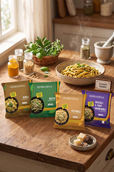 Herbamina 4'lü Pratik Makarna Sosu Seti - Körili, Pesto, Sebzeli & Trüf Mantarlı, Peynirli - 50g x 4 Adet
