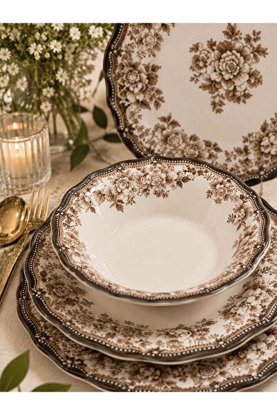 Onedekor 24 Parça 6 Kişilik Porselen Yemek takımı Velour Brown