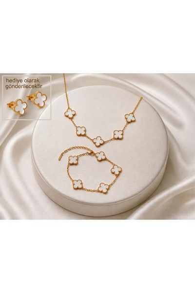 Kmod Life Gold Detailed Four-Leaf Clover Steel Necklace & Earring Set - Boxed
