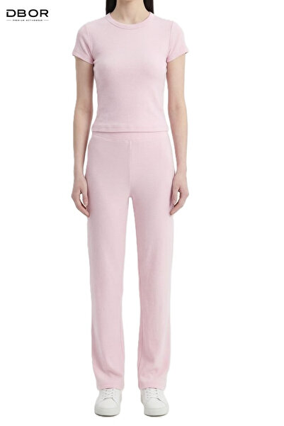 DBOR Women's Pink Ribbed Knit Set - Short Sleeve Crop Top and Half Spanish Fl...