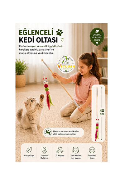 demapet 40 cm Wooden Handle, Cute Caterpillar Cat Fishing Rod with Bell