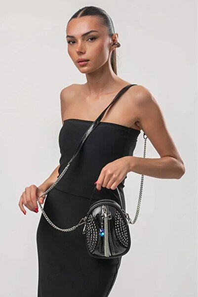 ÇÇS Geantă crossbody cu fermoar Ccs, cu ciucuri și ținte, pentru purtare în mână