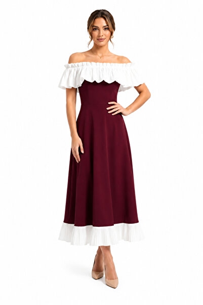 unbranded Women's Burgundy Off-Shoulder Midi Dress with Pleated White Ruffle