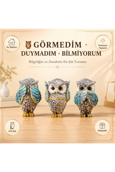 e-life shop Görmedim Duymadım Bilmiyorum 3'lü Bilge Baykuş Biblo Dekoratif Ev...