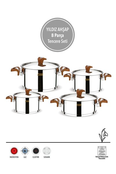 FMS Yıldız Wooden 8 Piece Cookware Set |   18/10 Stainless Steel |   Induction Compatible