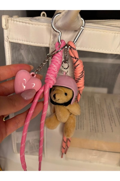 Xui Retro Pembe Kasklı Teddy Ayıcık Pembe İp Detaylı Charm&Teddy Ayıcık Detay...