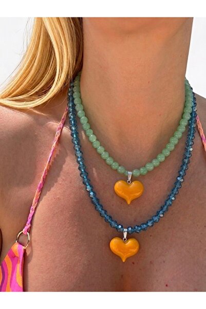 SLNSTYLE Cam boncuk mavi turuncu kalp murano kristal taşlı boncuklu love kolye