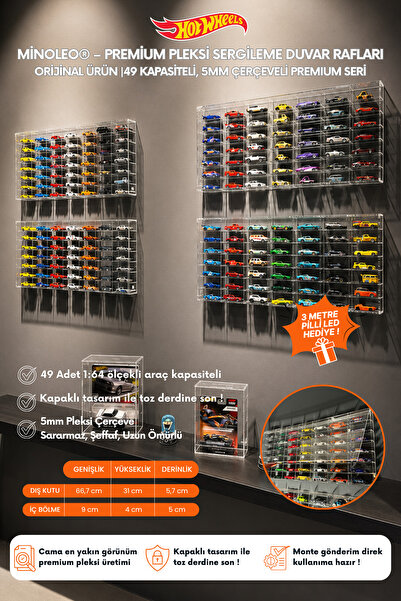 Minoleo Hot Wheels Kapaklı Duvar Rafı – 49’luk Orijinal Premıum Seri (5MM ÇER...